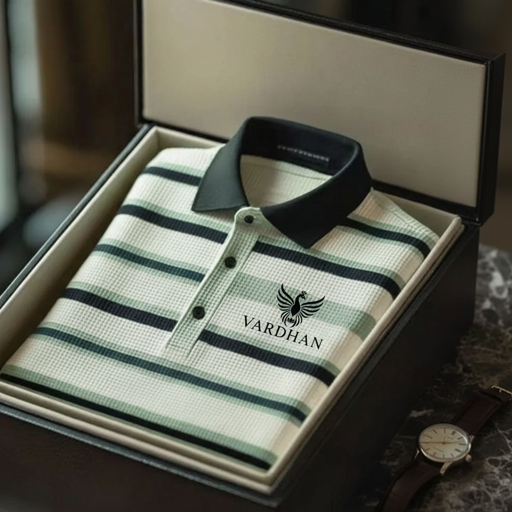 Vardhan Signature Polo — Cream & Forest Green Stripe Waffle Knit