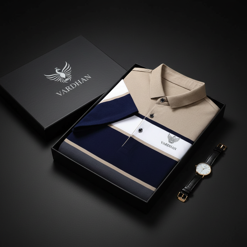 Vardhan Heritage Stripe Polo – Khaki, Navy & Ivory