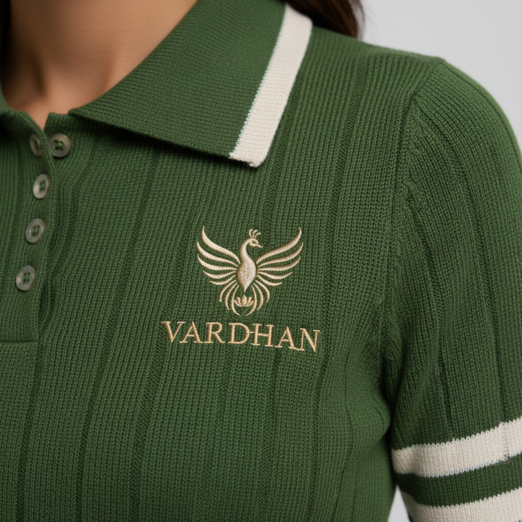 Vardhan Wimbledon Polo macro detail — forest green ribbed knit with cream stripe and Vardhan peacock embroidery