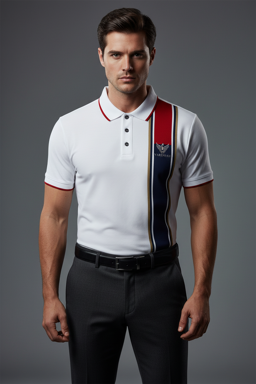 VARDHAN Tricolor Crest Premium Polo – Billionaire Studio Shot
