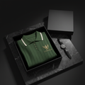 Vardhan Wimbledon Polo gift box flat lay — forest green cream stripe women's polo in luxury black gift box