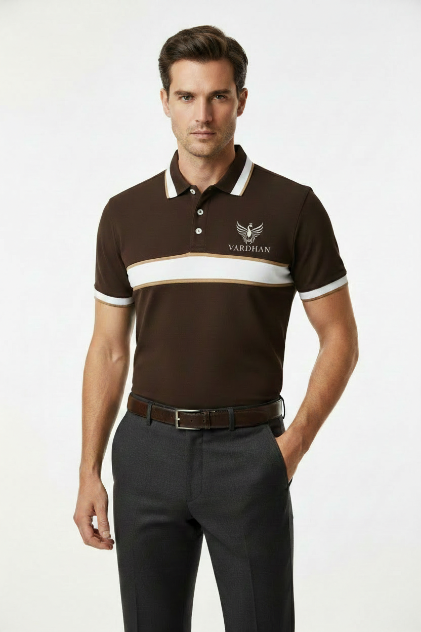 VARDHAN Cacao Gold Premium Polo – Billionaire Full Front Shot