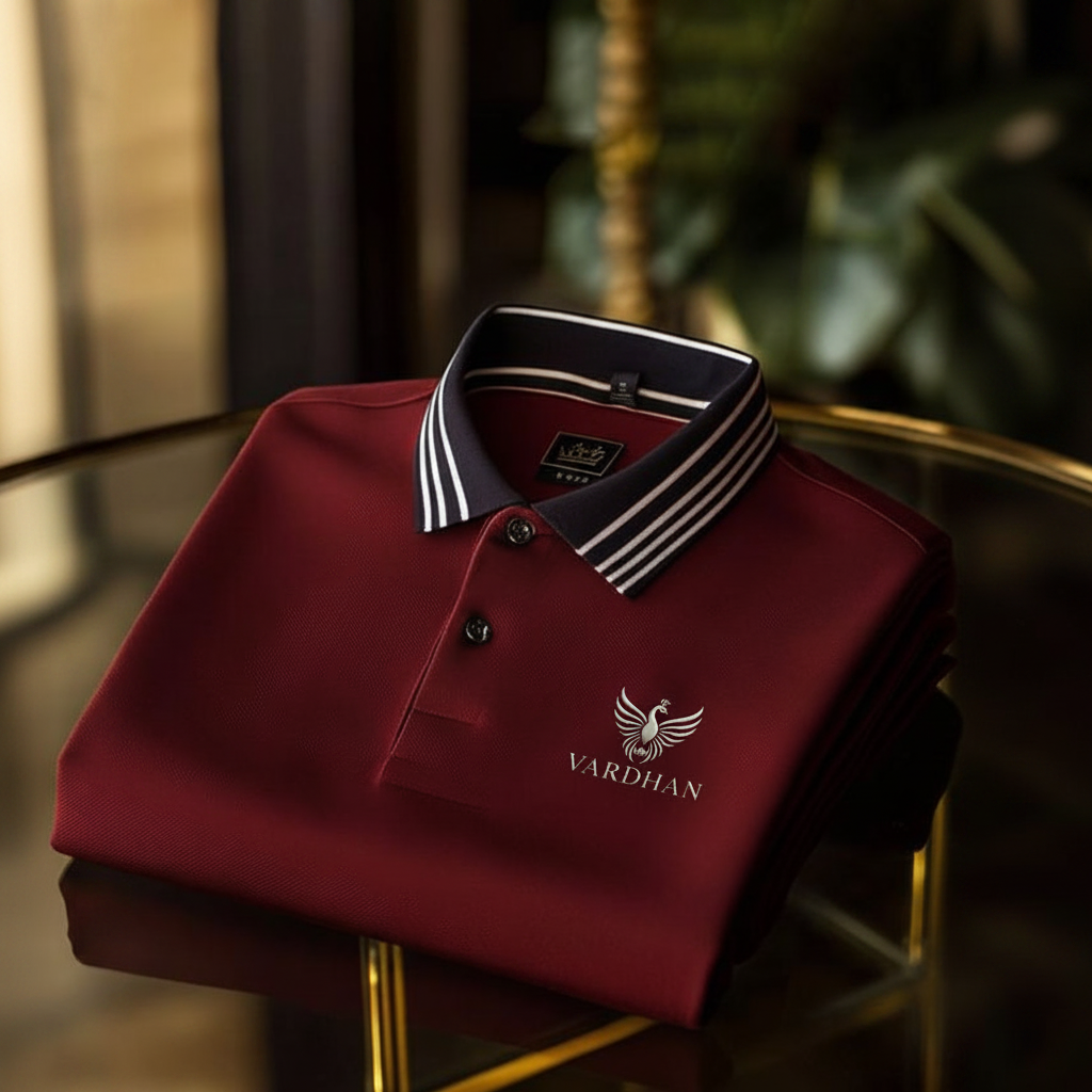 VARDHAN Royal Burgundy Premium Polo – Folded Table Shot