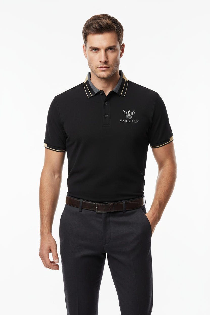 VARDHAN Noir Gold Premium Polo – Billionaire White Studio Shot