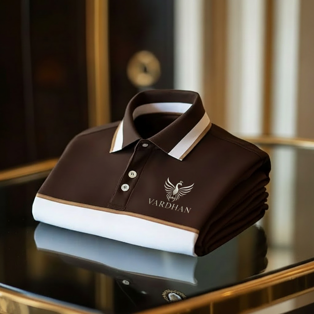 VARDHAN Cacao Gold Premium Polo – Folded Table Shot