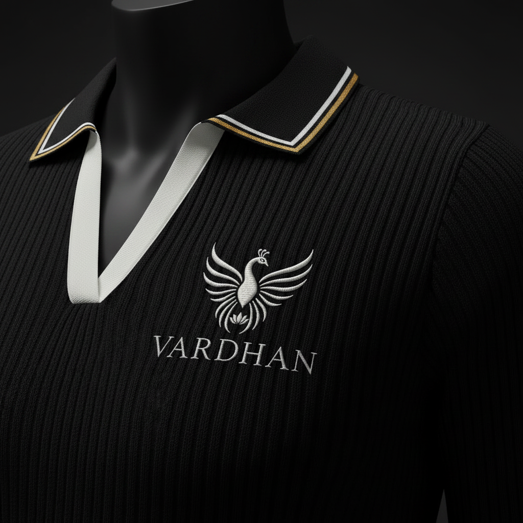 Vardhan Midnight Polo — Jet Black Ribbed Knit, Gold & White Stripe | Women's