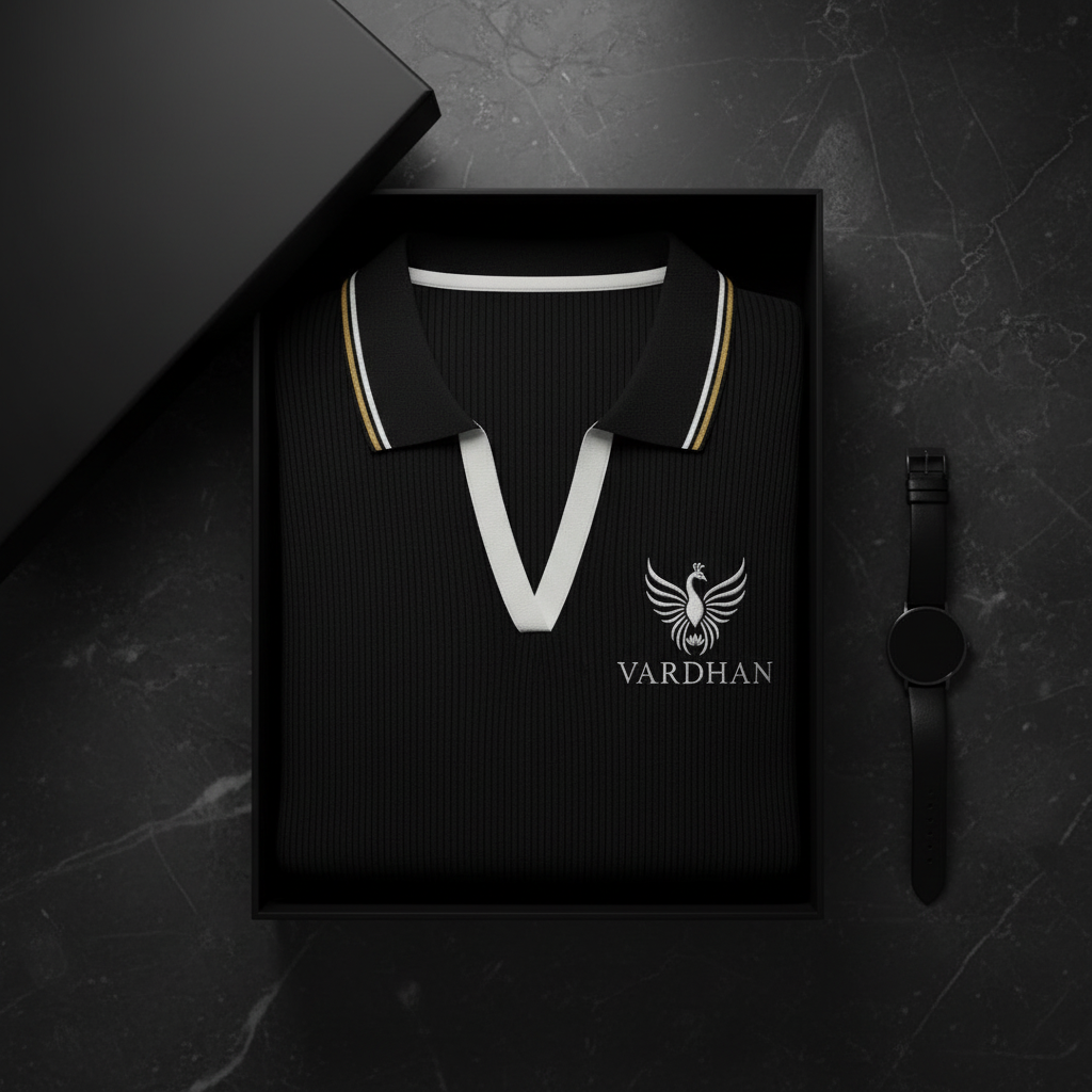 Vardhan Midnight Polo — Jet Black Ribbed Knit, Gold & White Stripe | Women's