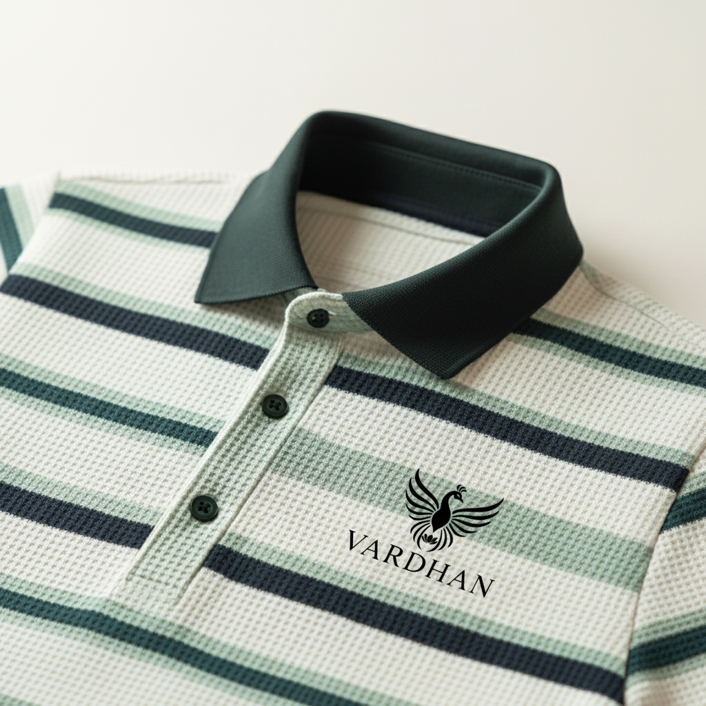 Vardhan Signature Polo — Cream & Forest Green Stripe Waffle Knit