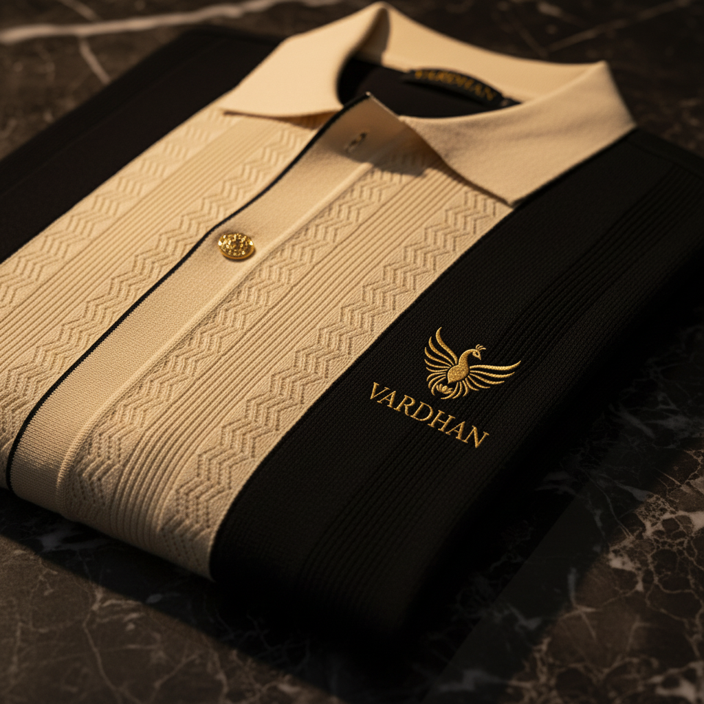 Vardhan Noir Chevron Polo — Jet Black & Cream Jacquard Knit | The Art of Controlled Power