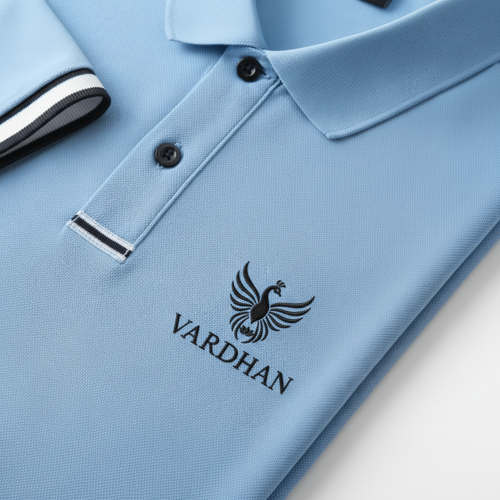 Vardhan Azure Stripe Cuff Polo – Sky Blue & Navy