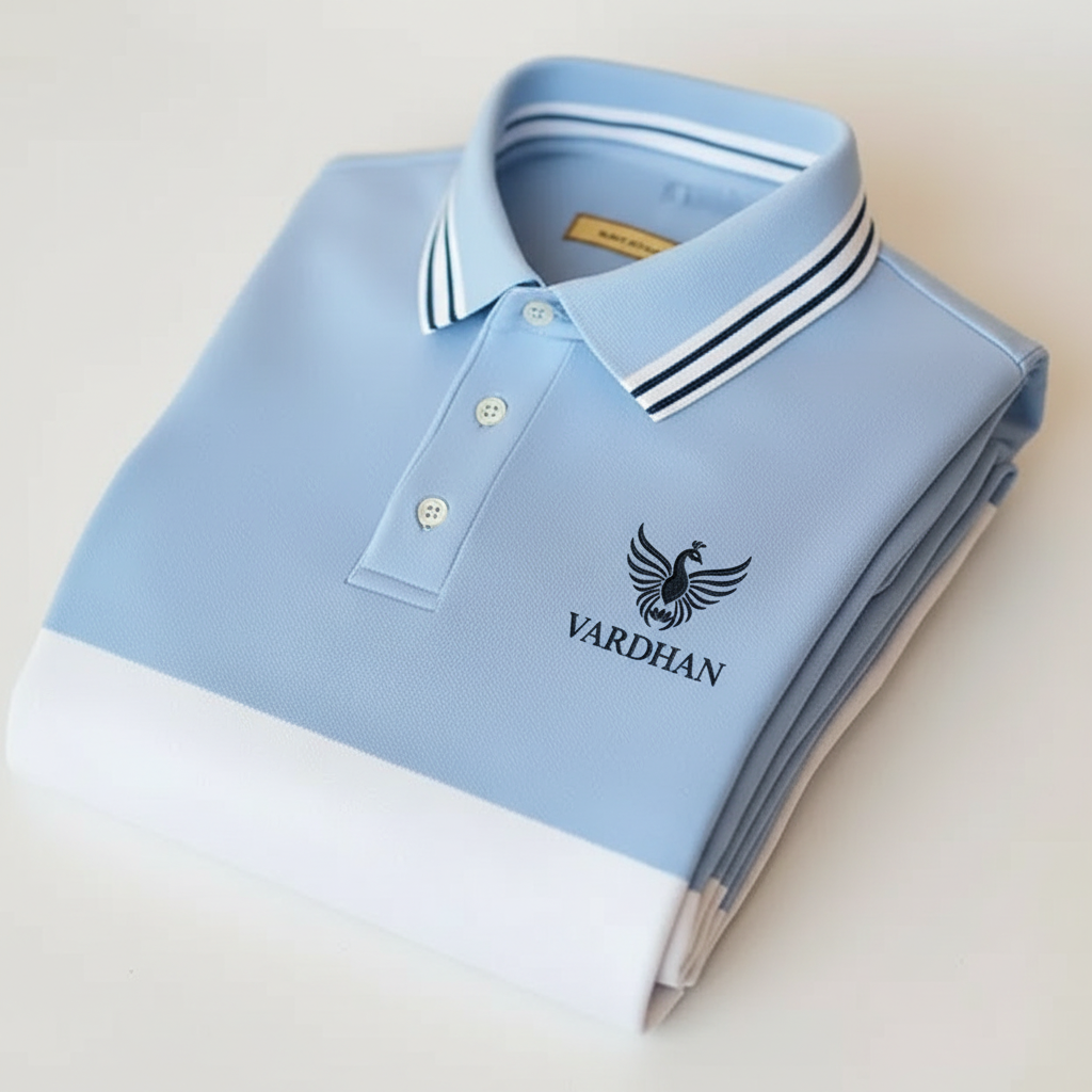 Vardhan Signature Polo T-Shirt – Sky Blue & White Colorblock