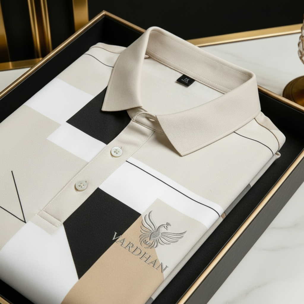Vardhan Signature Polo – Geometric Colorblock | Cream, Black & White