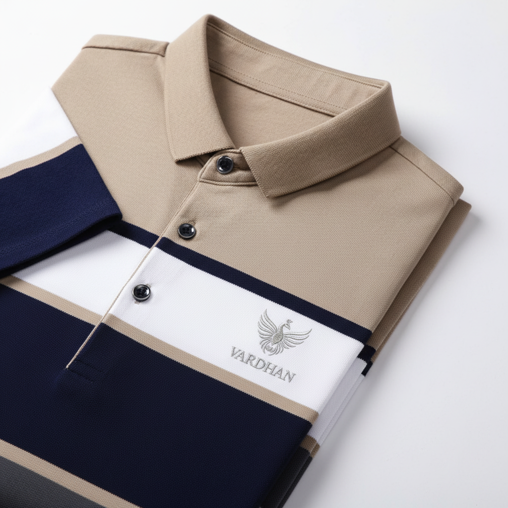 Vardhan Heritage Stripe Polo – Khaki, Navy & Ivory