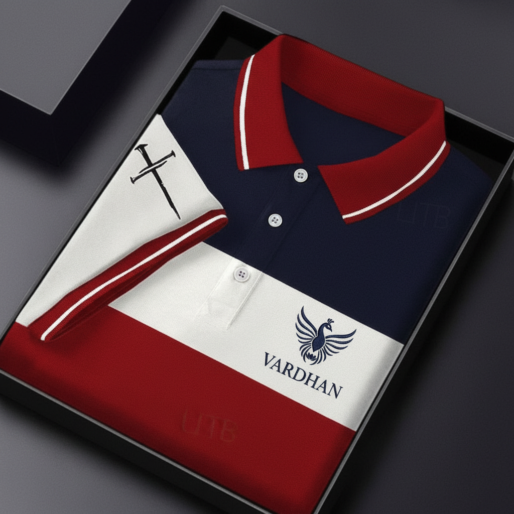 Vardhan Signature Polo – Navy, White & Red Tricolor Colorblock