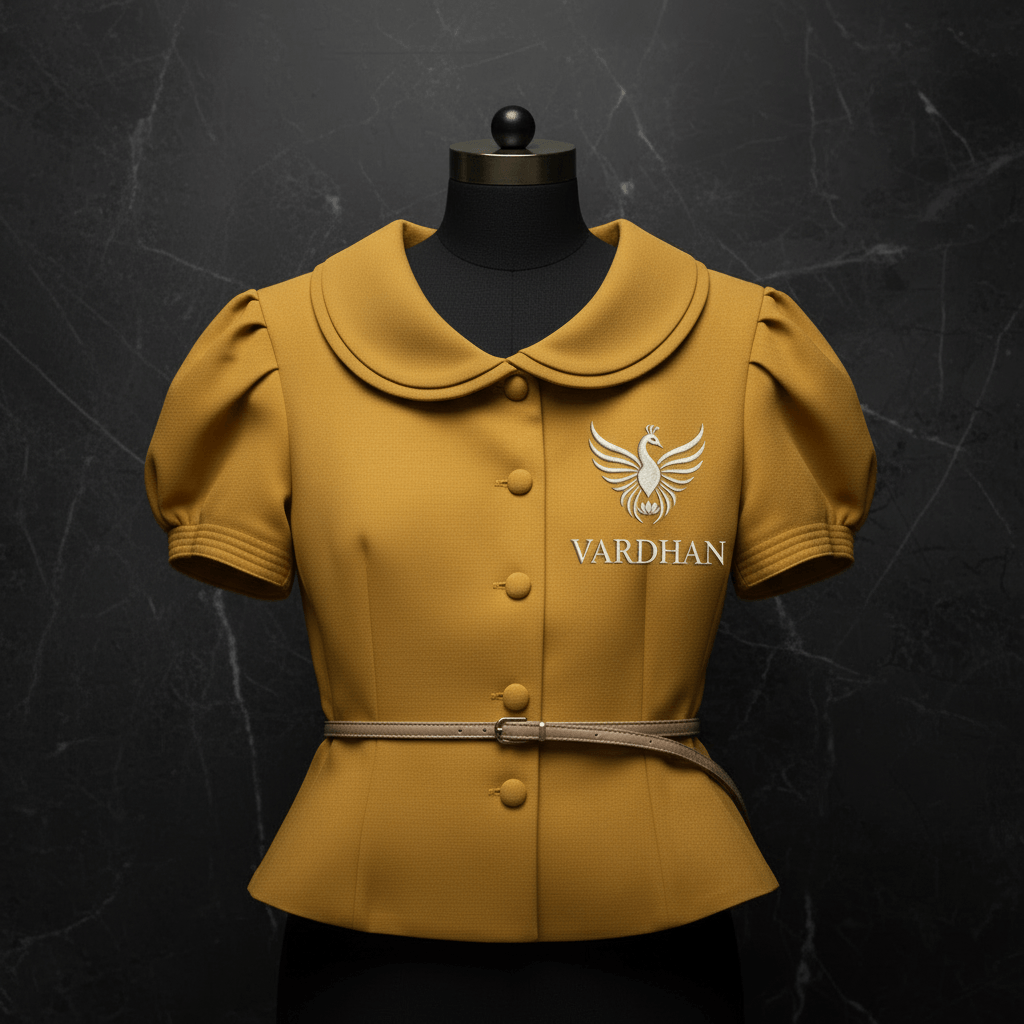 Vardhan Chanel Peplum Jacket — Mustard Yellow Rounded Collar, Puff Sleeves & Tan Belt | Women's