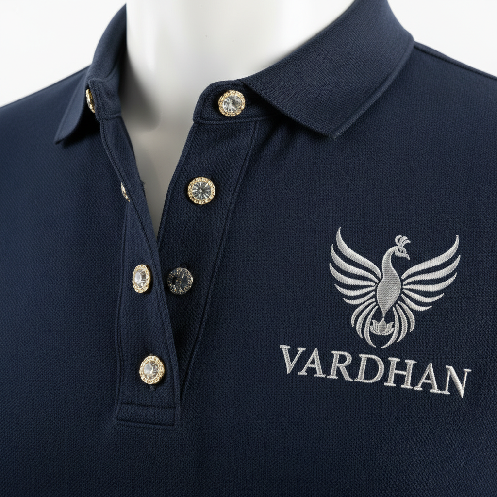 Vardhan Azure Polo — Deep Navy & Crystal Buttons | Women's