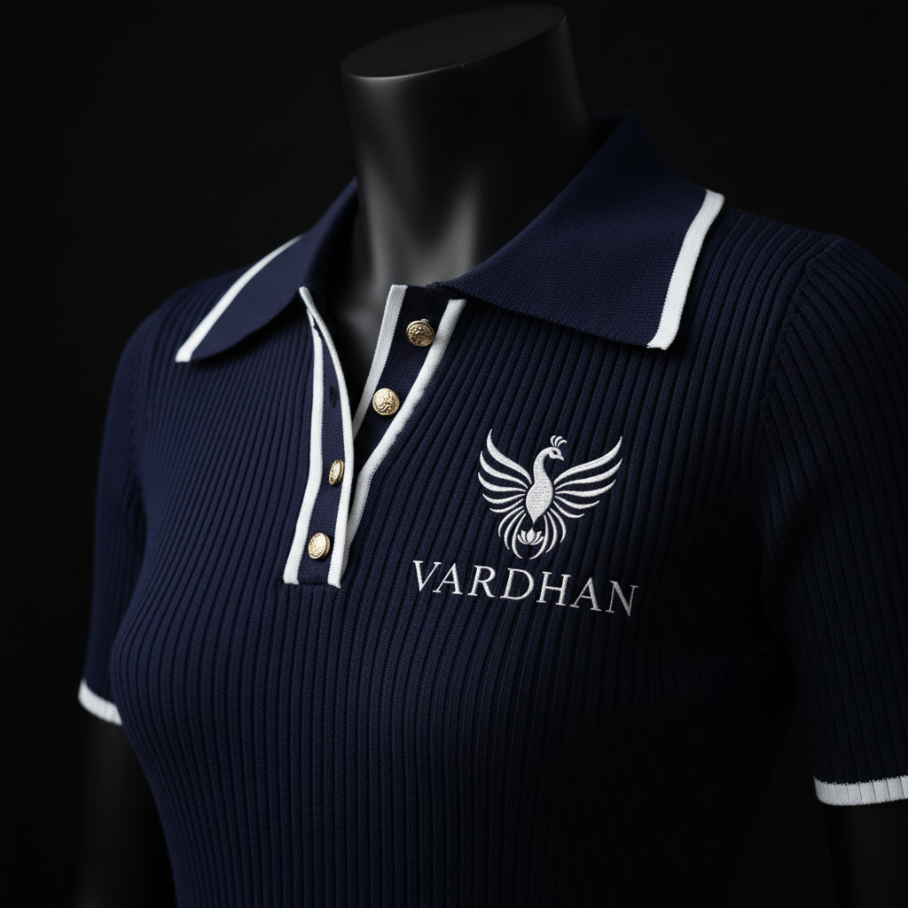 Vardhan Nautique Polo — Deep Navy Ribbed & Gold Buttons | Women's