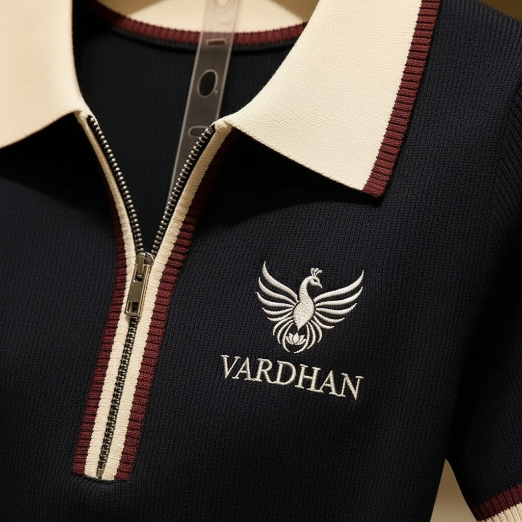 Vardhan Navy Sovereign Zip Polo — Deep Navy & Cream Burgundy Stripe | Women's