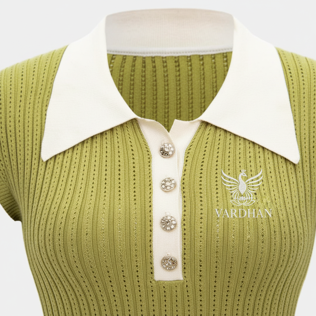 Vardhan Soleil Polo — Olive & White Short Sleeve Ribbed | Women's