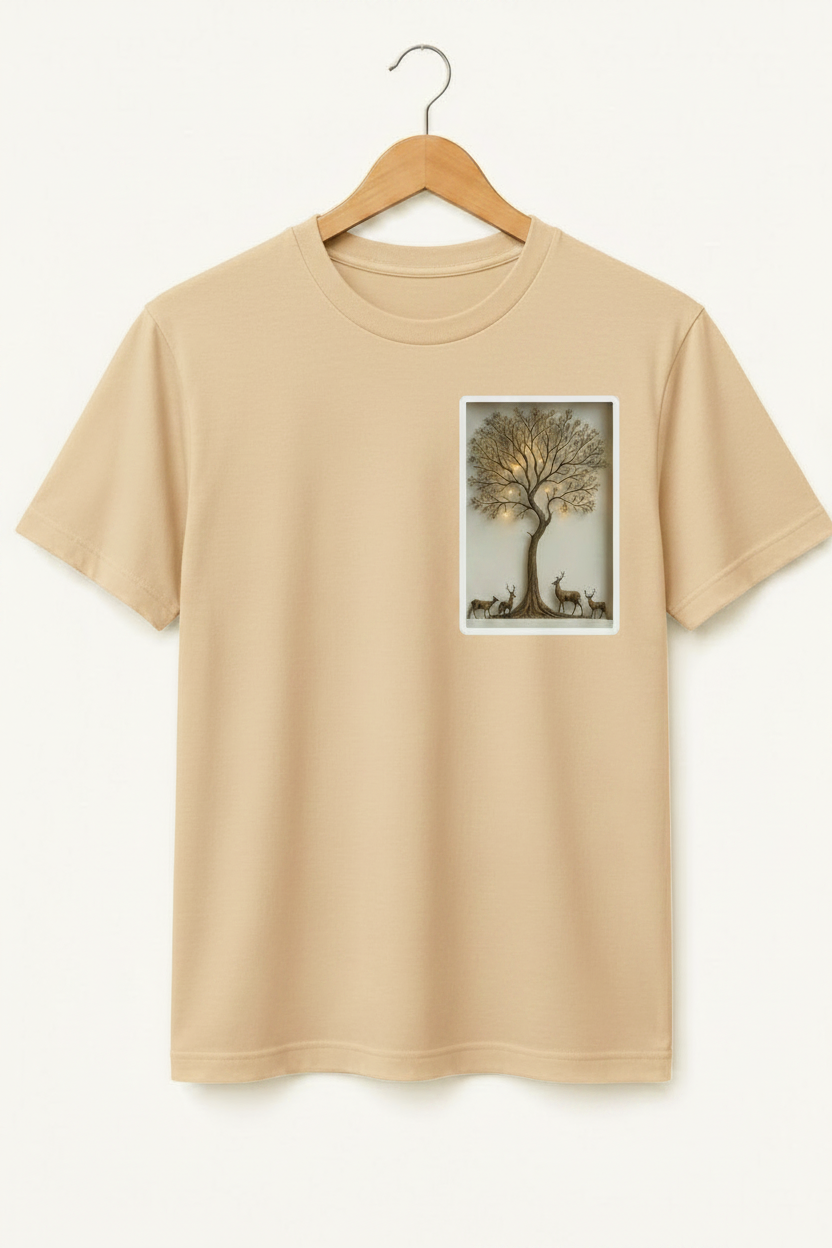 Sanctuary — Golden Tree & Deer Shadow Box Art Premium Black T-Shirt