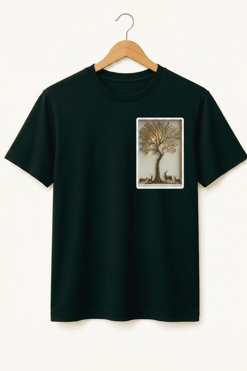 Sanctuary — Golden Tree & Deer Shadow Box Art Premium Black T-Shirt