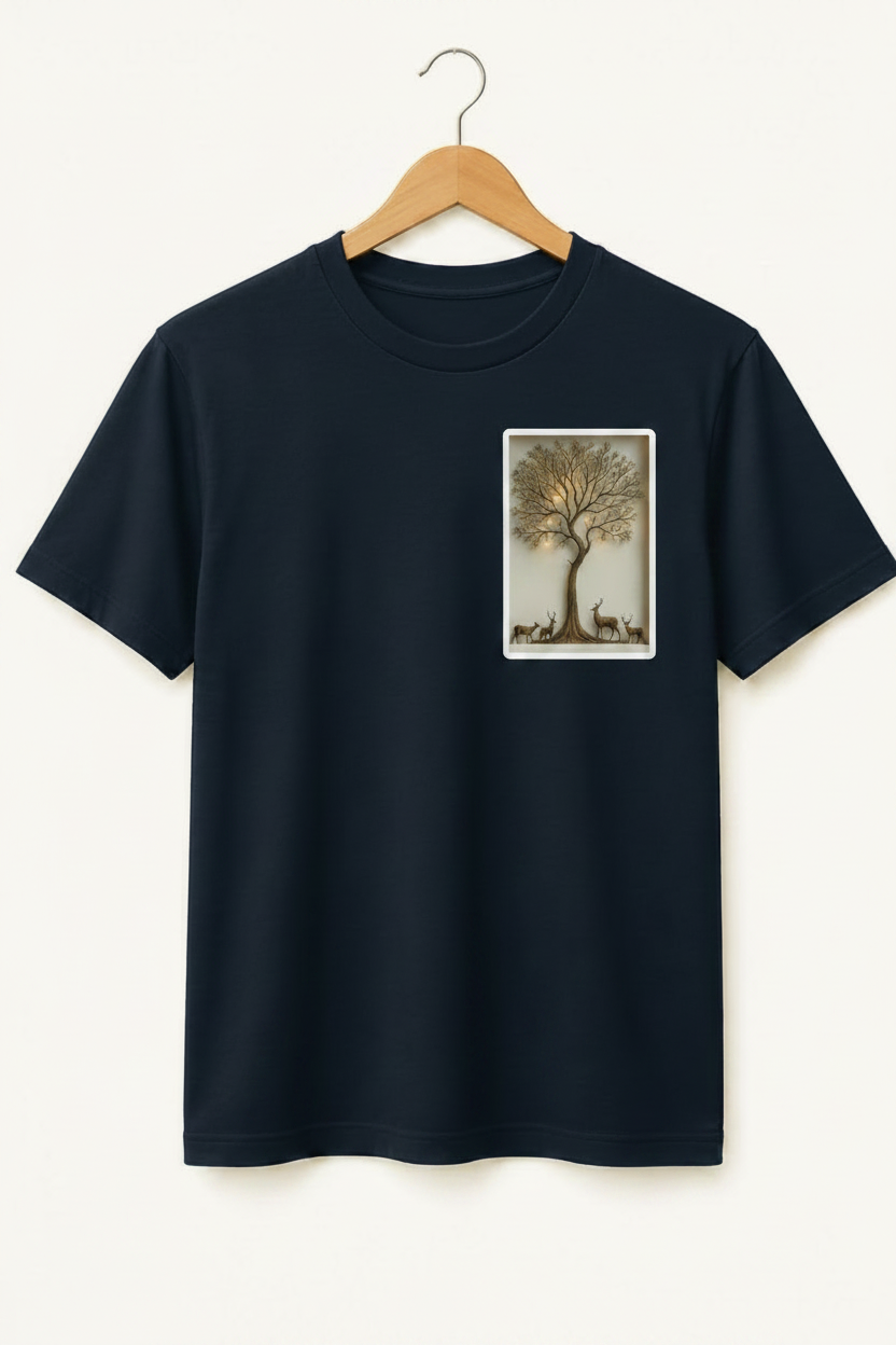Sanctuary — Golden Tree & Deer Shadow Box Art Premium Black T-Shirt