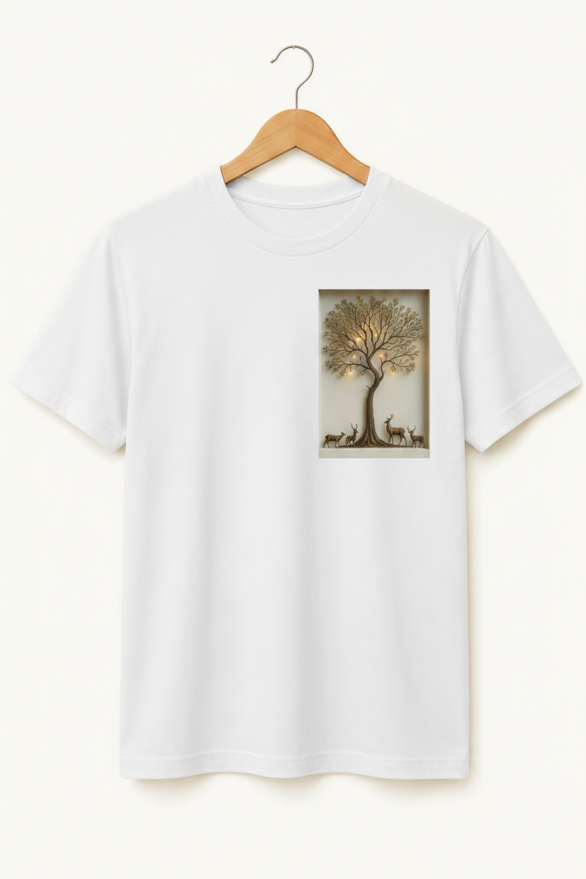 Sanctuary — Golden Tree & Deer Shadow Box Art Premium Black T-Shirt