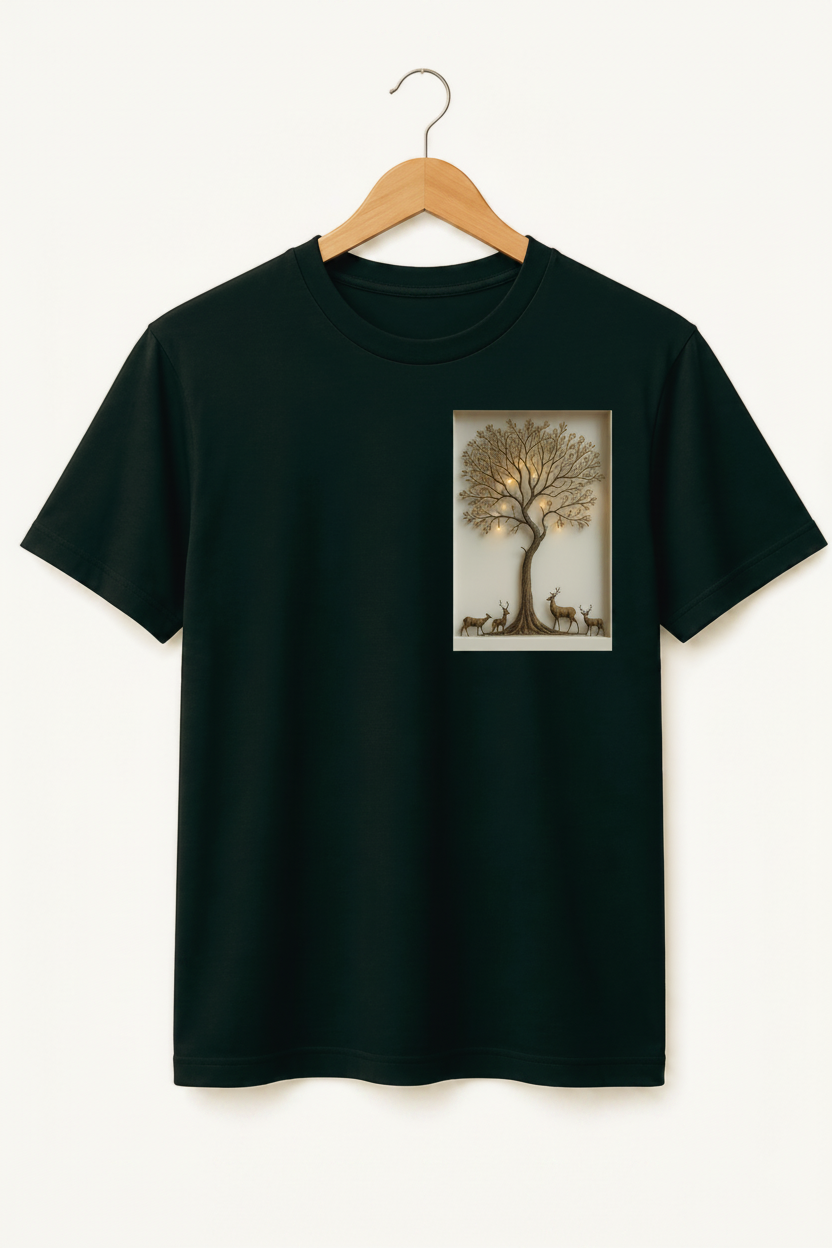 Sanctuary — Golden Tree & Deer Shadow Box Art Premium Black T-Shirt
