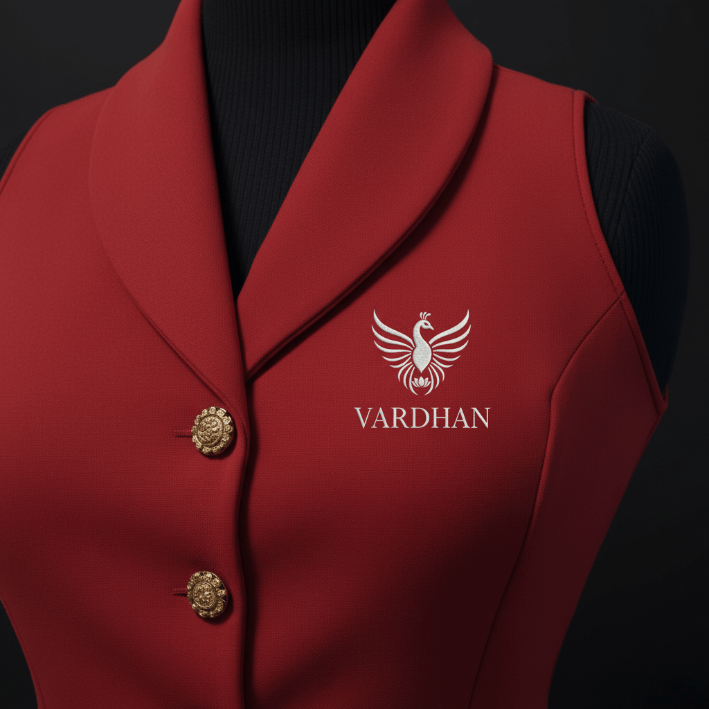 Vardhan Rouge Vest — Scarlet Red Tonal Shawl Collar Blazer Vest, Gold Floral Buttons | Women's