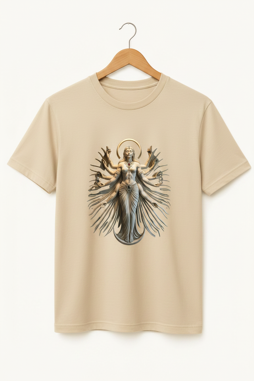 Shakti — Goddess Durga Eight Arms Ivory Gold Sculpture Premium Black T-Shirt