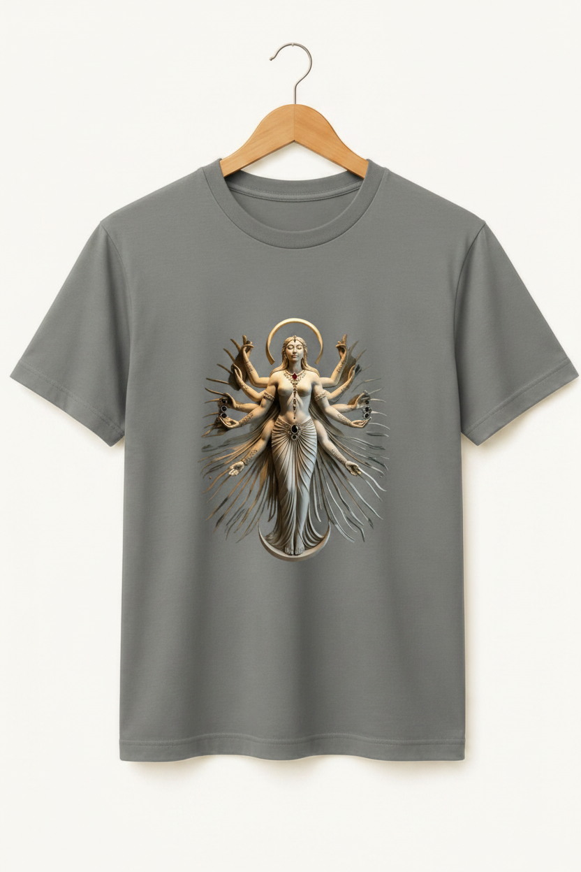 Shakti — Goddess Durga Eight Arms Ivory Gold Sculpture Premium Black T-Shirt