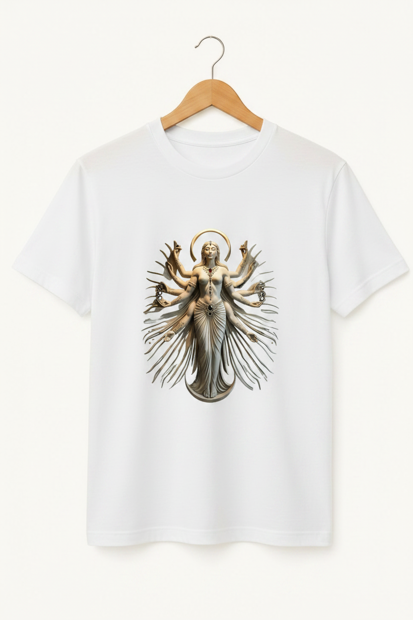 Shakti — Goddess Durga Eight Arms Ivory Gold Sculpture Premium Black T-Shirt