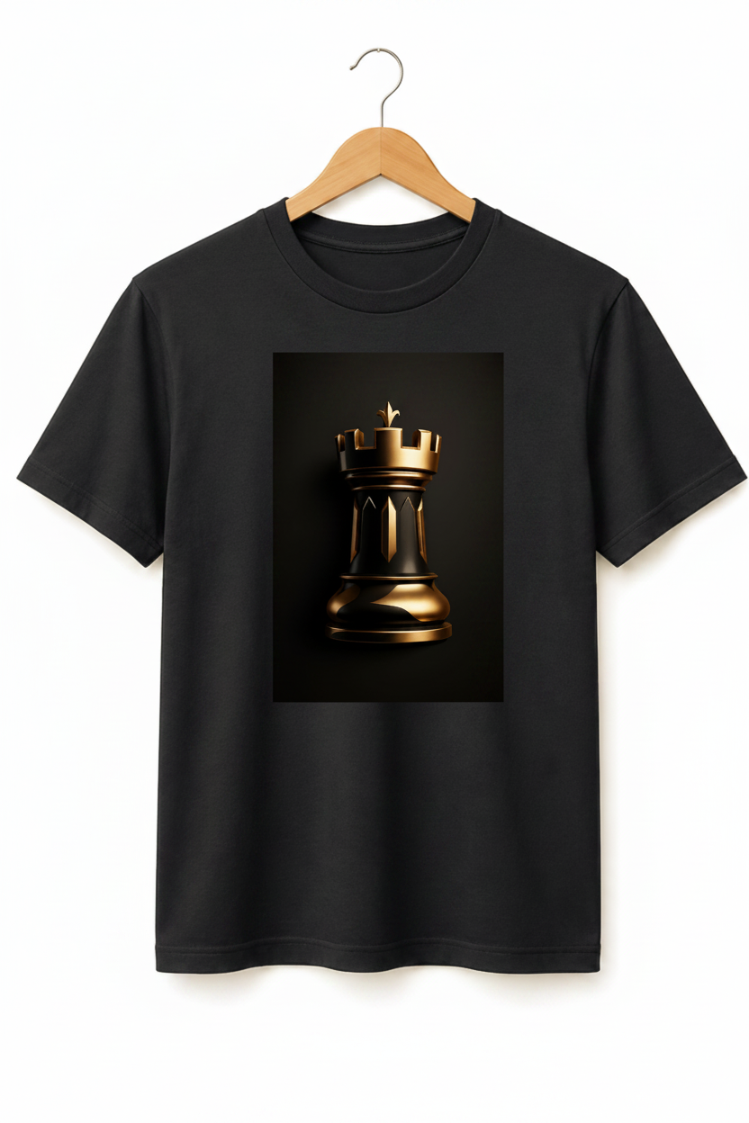 The Rook — Golden Chess Piece 3D Art Premium Black T-Shirt