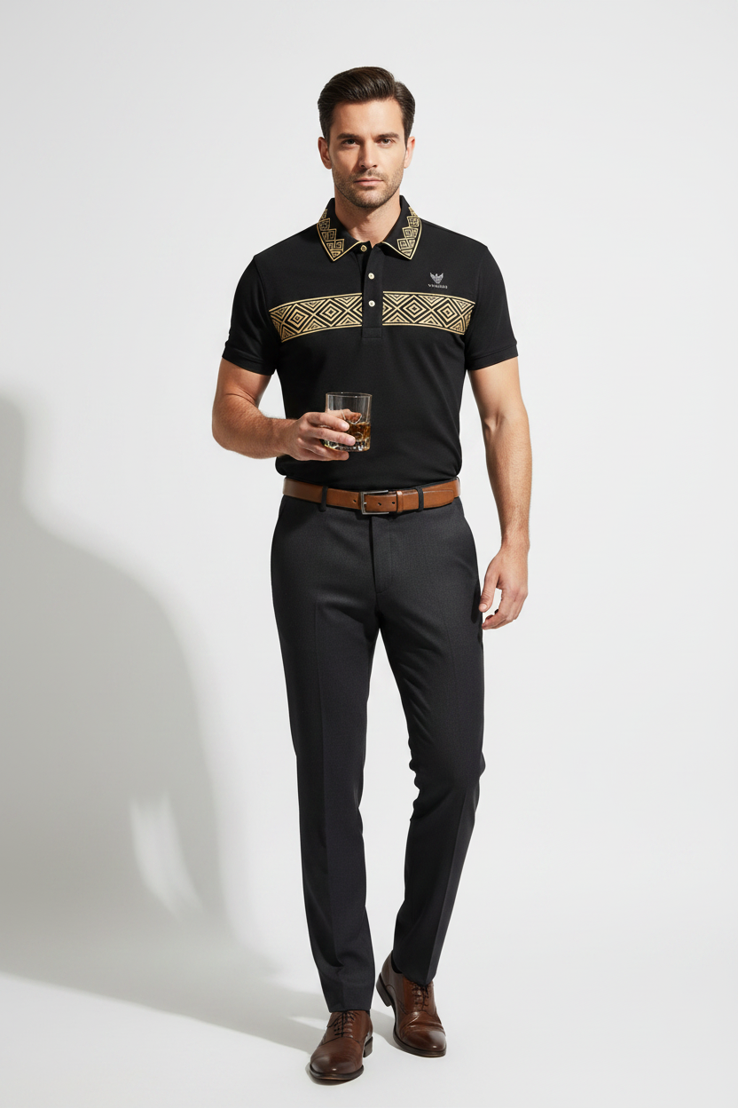 VARDHAN Abyssal Emperor Polo — Jet Black & Imperial Gold Diamond Jacquard | Born in Darkness. Crowned in Gold.