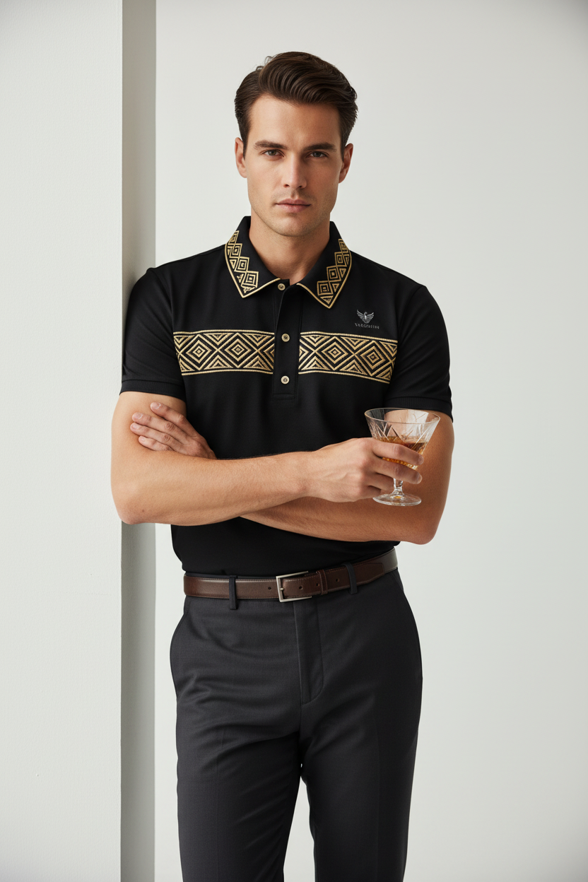 VARDHAN Abyssal Emperor Polo — Jet Black & Imperial Gold Diamond Jacquard | Born in Darkness. Crowned in Gold.