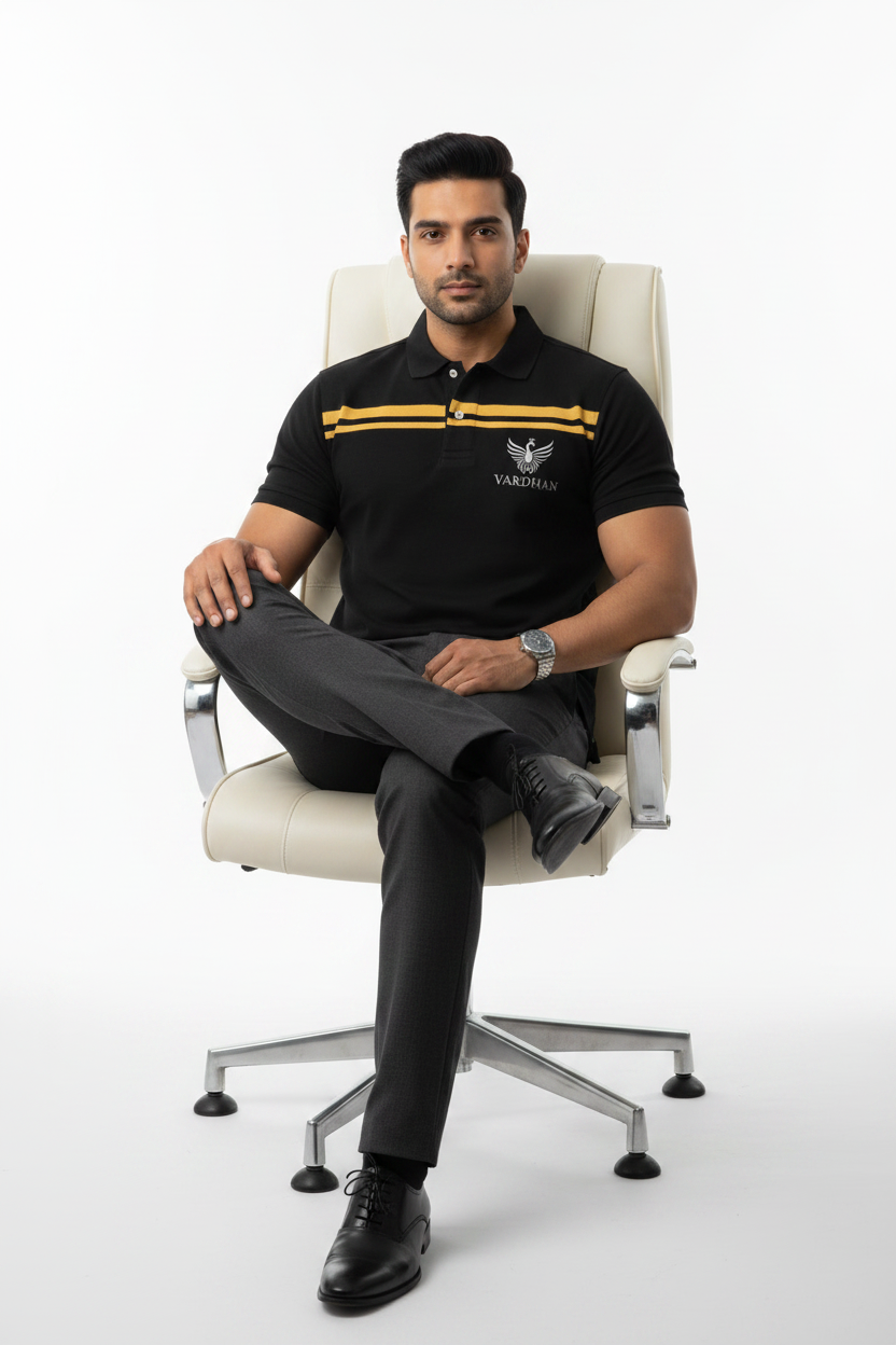 Vardhan Gold Stripe Polo – Jet Black & Gold