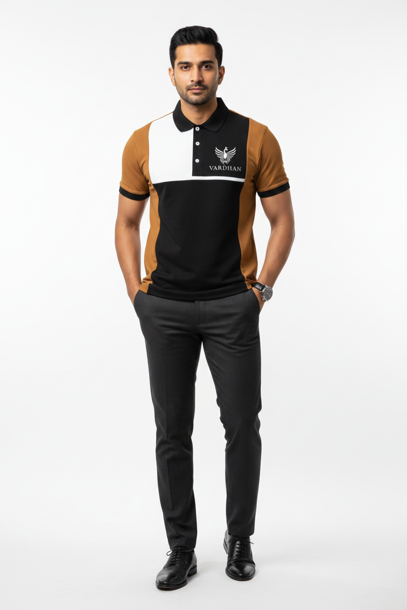 Vardhan Colorblock Polo – Onyx, Ivory & Caramel