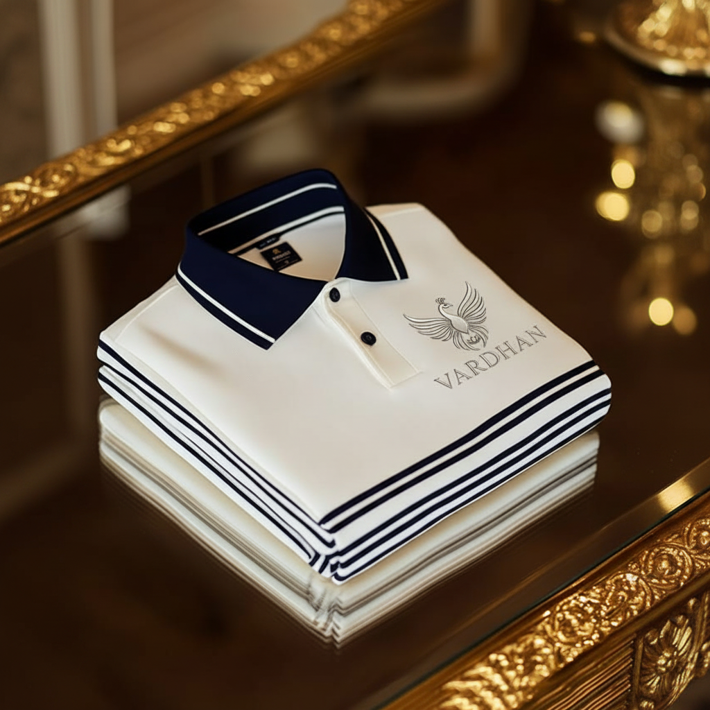 Vardhan Crown Polo T-Shirt – White Navy