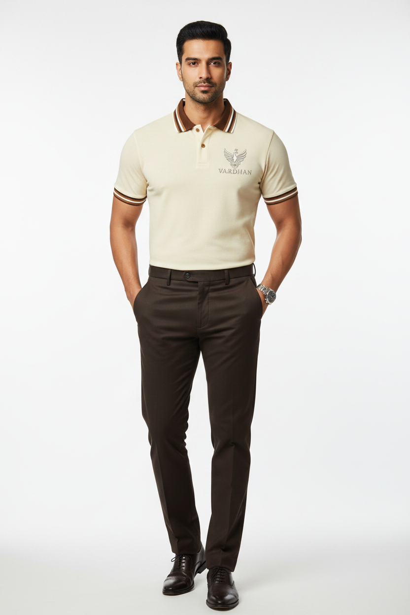 Vardhan Heritage Stripe Polo – Ivory & Chocolate