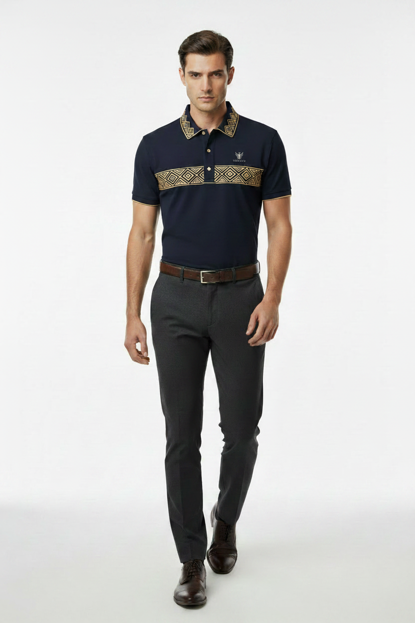 VARDHAN Emperor Navy Gold Diamond Polo | SOPHISTICATION