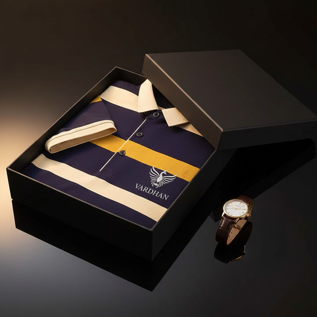 Vardhan Stripe Heritage Polo – Navy Gold