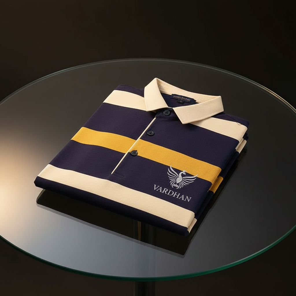 Vardhan Stripe Heritage Polo – Navy Gold