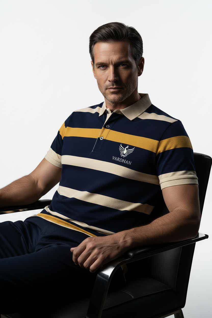 Vardhan Stripe Heritage Polo – Navy Gold