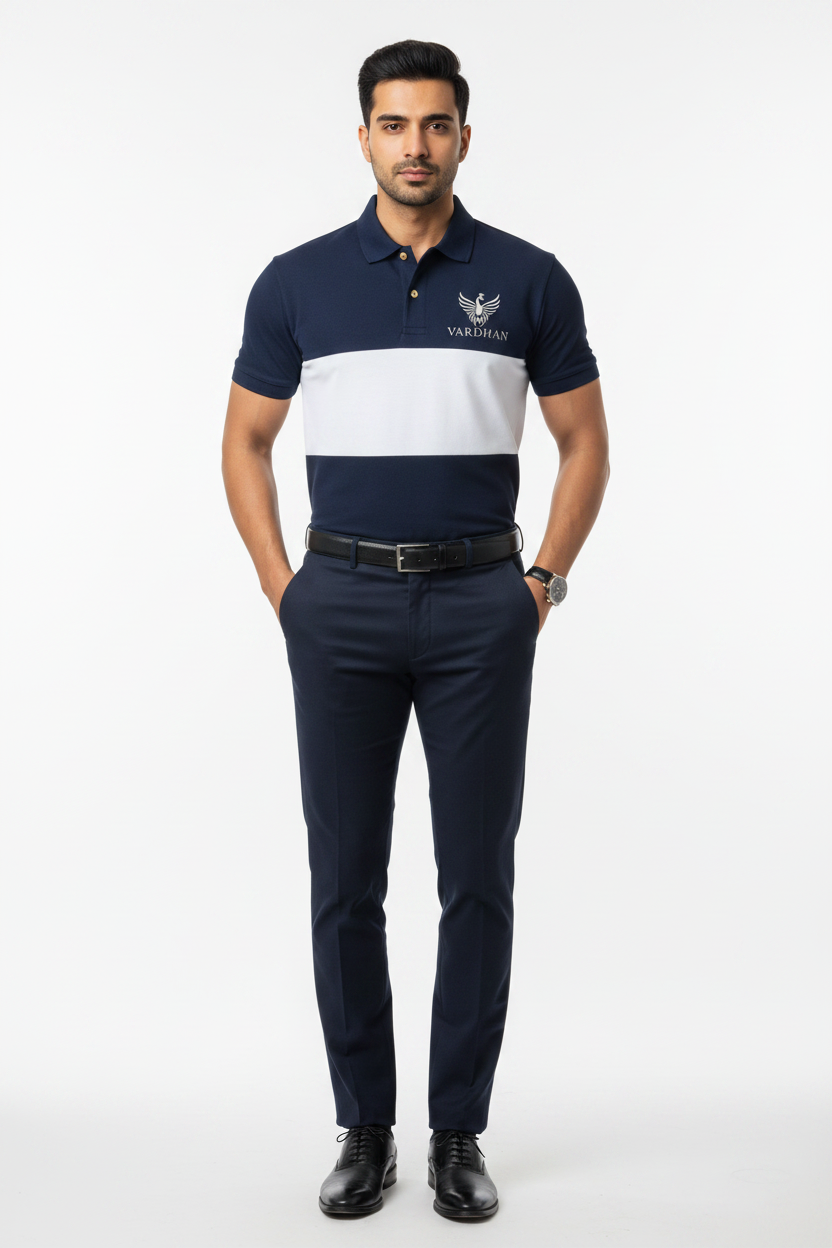 Vardhan Royal Navy Colorblock Polo – Navy & Ivory