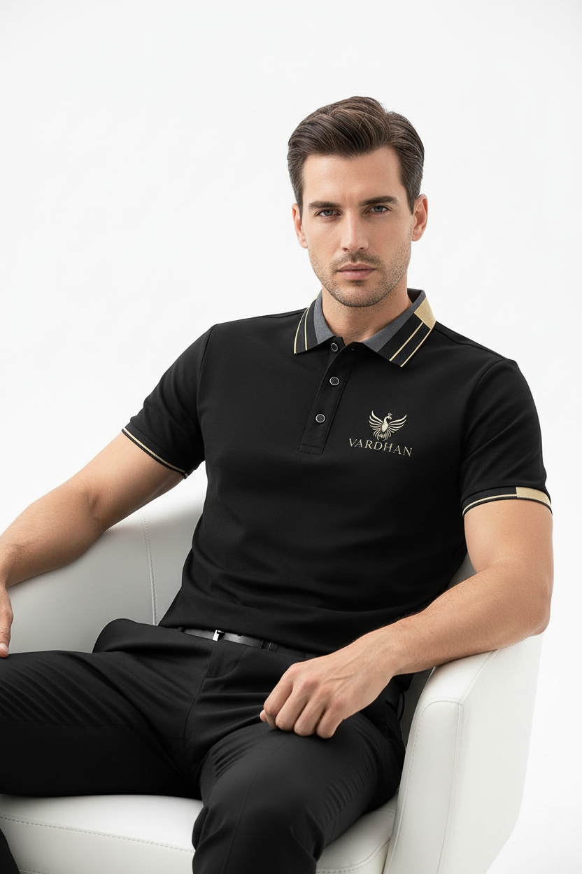 VARDHAN Noir Gold Premium Polo – Jet Black & Gold