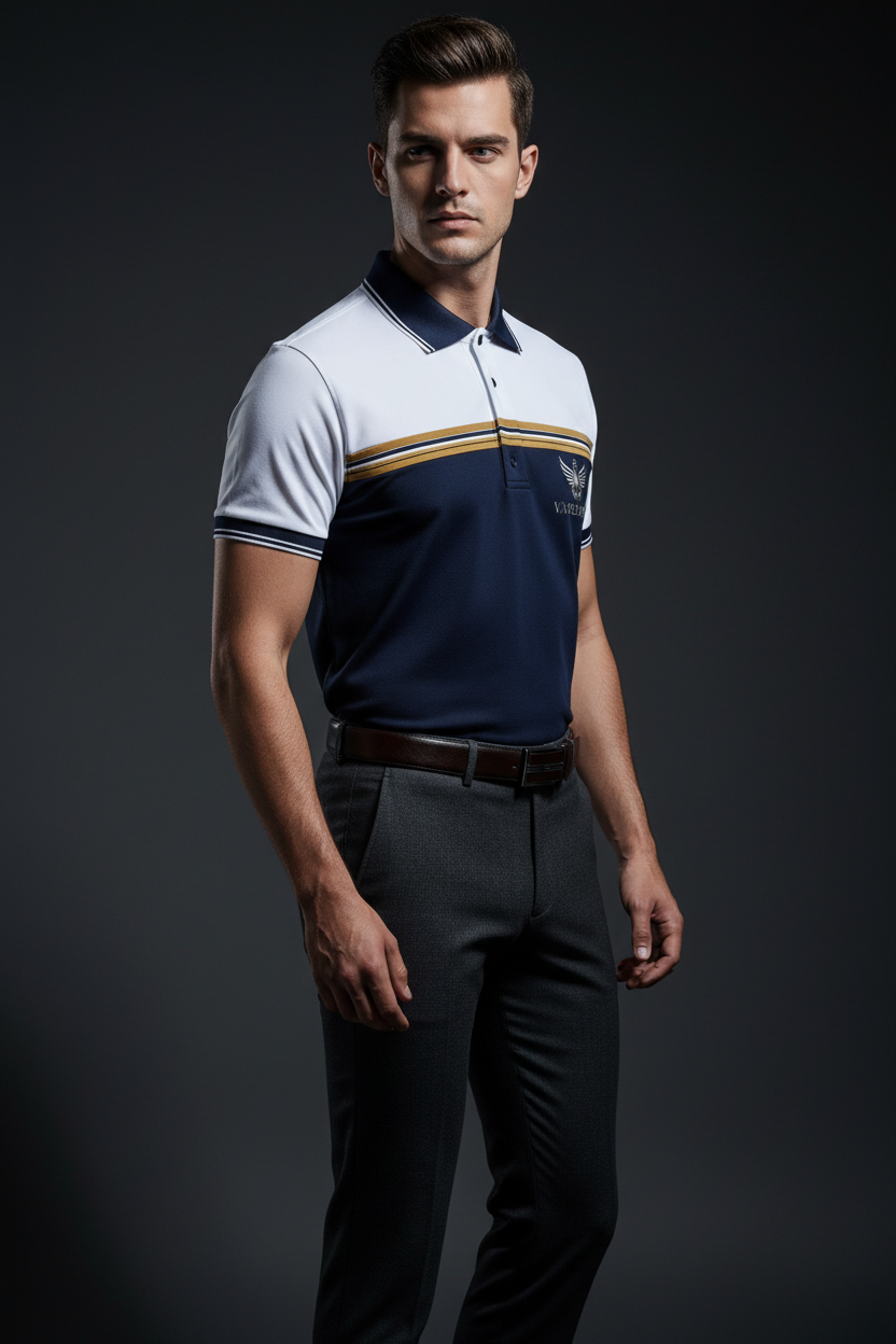 VARDHAN Imperial Crown Premium Polo – White & Navy