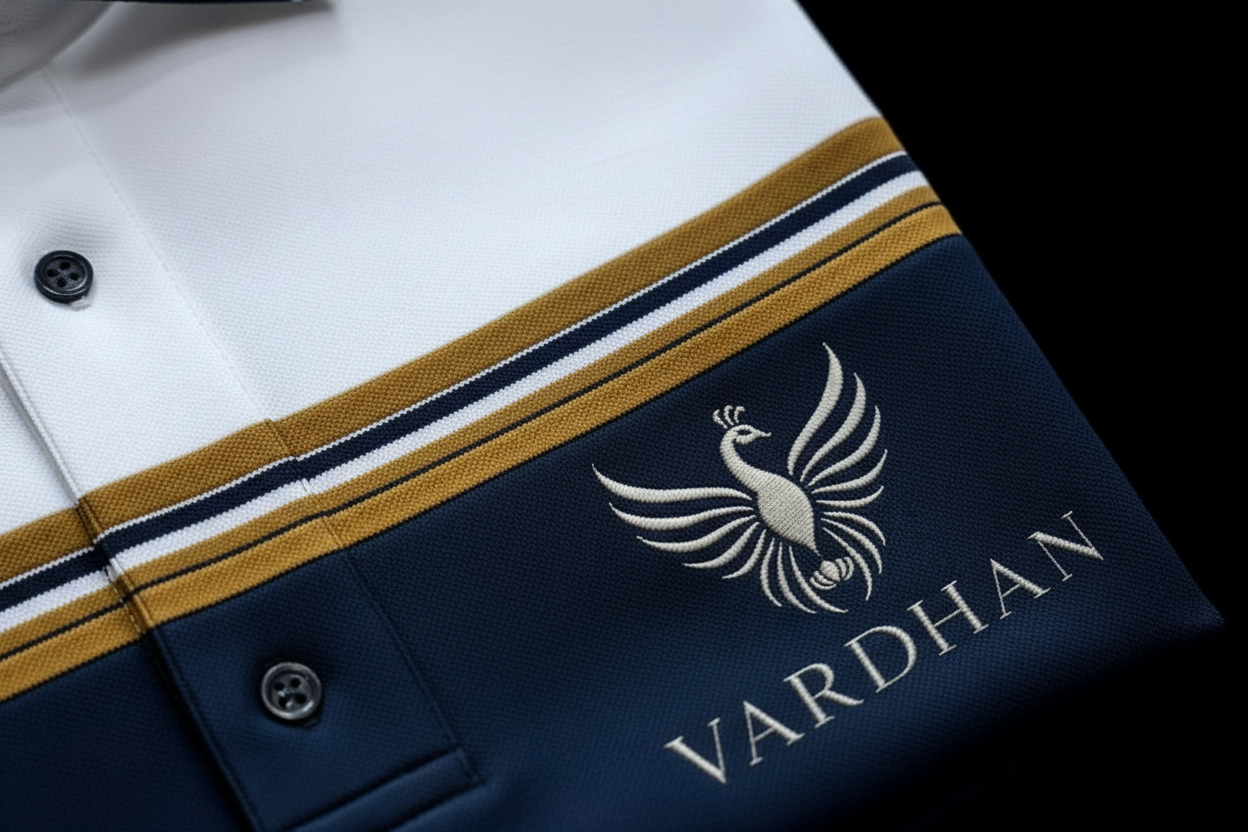 VARDHAN Imperial Crown Premium Polo – White & Navy