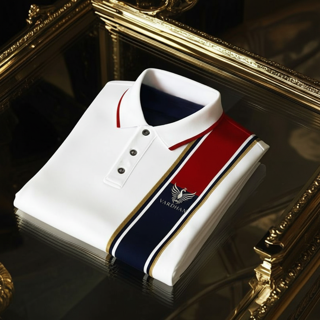 VARDHAN Tricolor Crest Premium Polo – White, Red & Navy