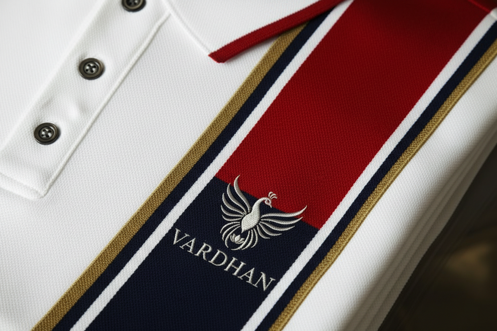VARDHAN Tricolor Crest Premium Polo – White, Red & Navy
