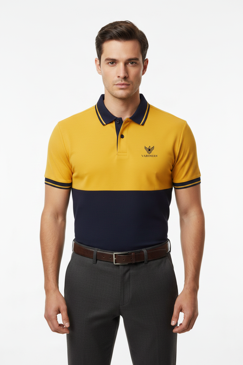 VARDHAN Solar Navy Premium Polo – Golden Yellow